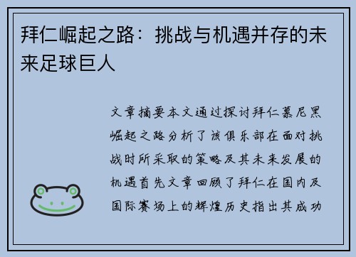 拜仁崛起之路：挑战与机遇并存的未来足球巨人