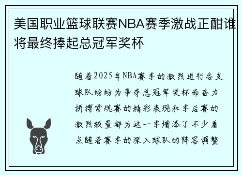 美国职业篮球联赛NBA赛季激战正酣谁将最终捧起总冠军奖杯