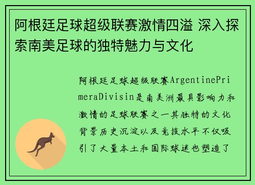 阿根廷足球超级联赛激情四溢 深入探索南美足球的独特魅力与文化